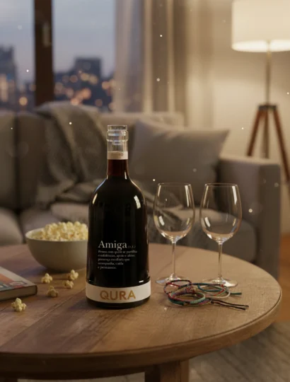 Garrafas de vinho com copos e pipocas numa mesa, ambiente acolhedor e sofisticado