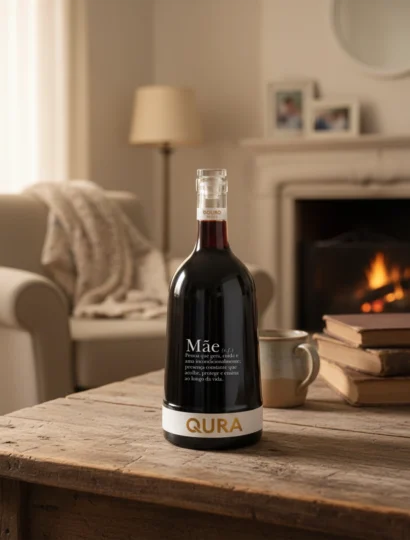 Garrafa de vinho QURA MÃE em ambiente acolhedor com lareira e mesa de madeira rústica
