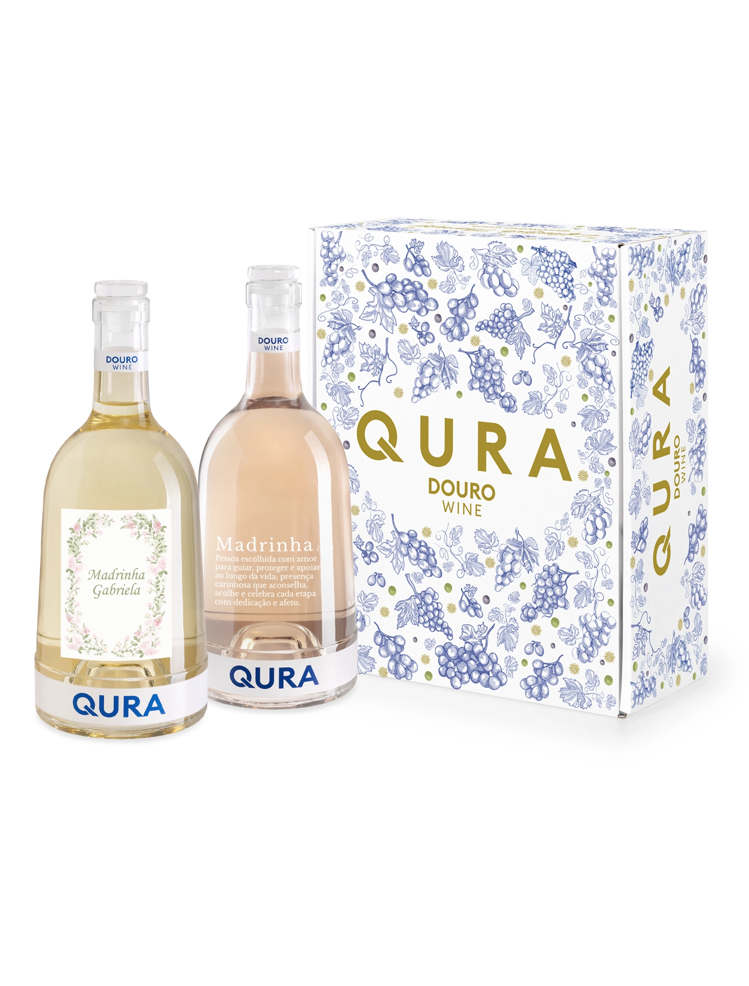 Conjunto de vinhos QURA MADRINHA PREMIUM com elegantes garrafas e embalagem decorativa