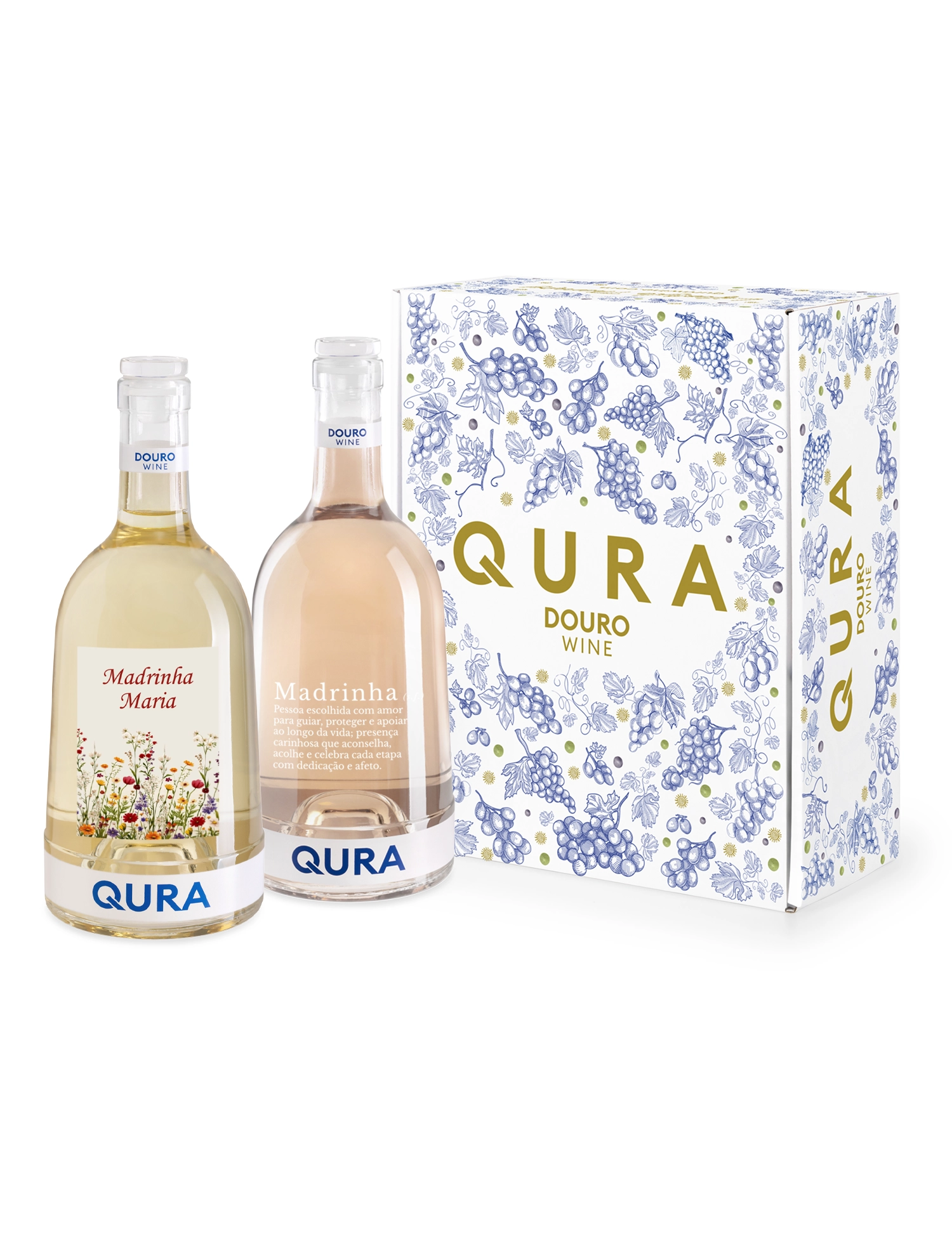 Conjunto de vinhos Qura Madrinha, inclui garrafas de vinho branco e rosé com embalagem decorativa