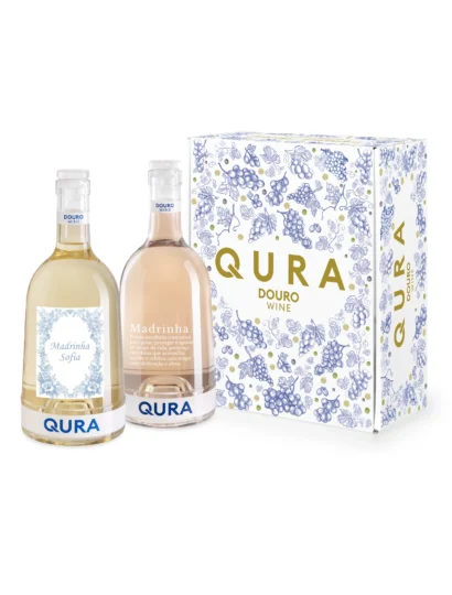 Conjunto de vinhos Qura Madrinha Premium, elegante embalagem com duas garrafas do Douro