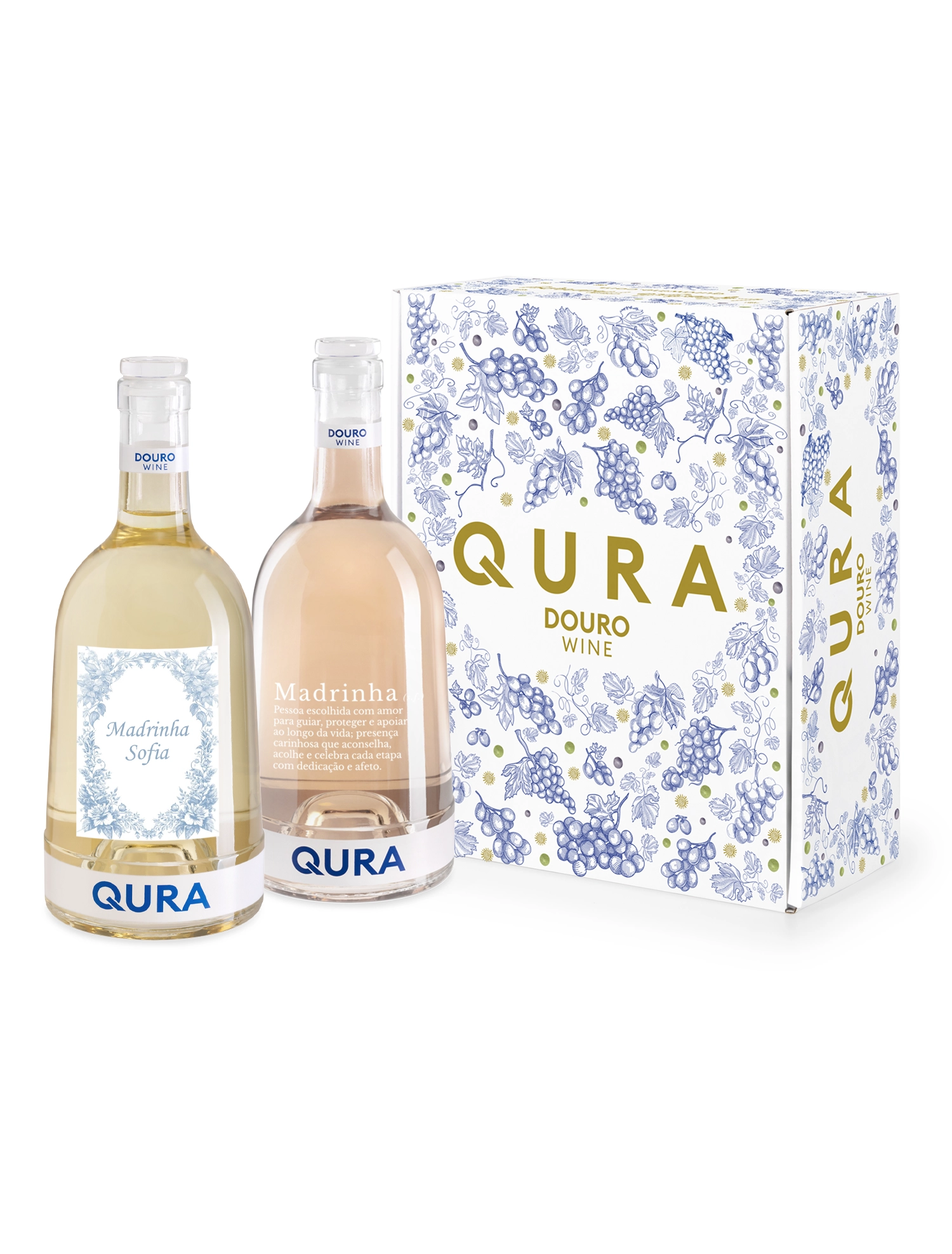 Conjunto de vinhos Qura Madrinha Premium, elegante embalagem com duas garrafas do Douro