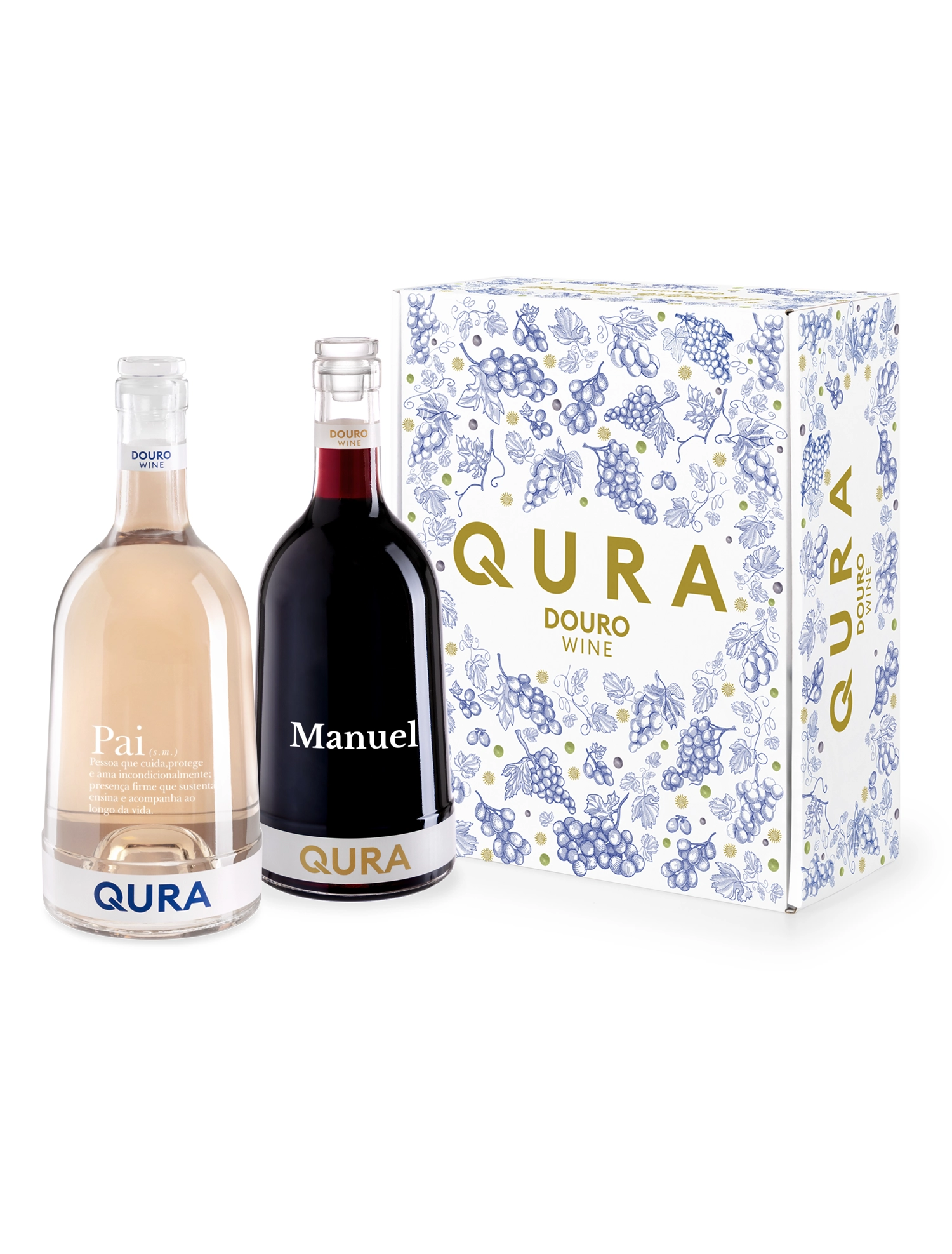 Conjunto de vinhos QURA em embalagem premium para o Dia do Pai, com rótulos personalizados
