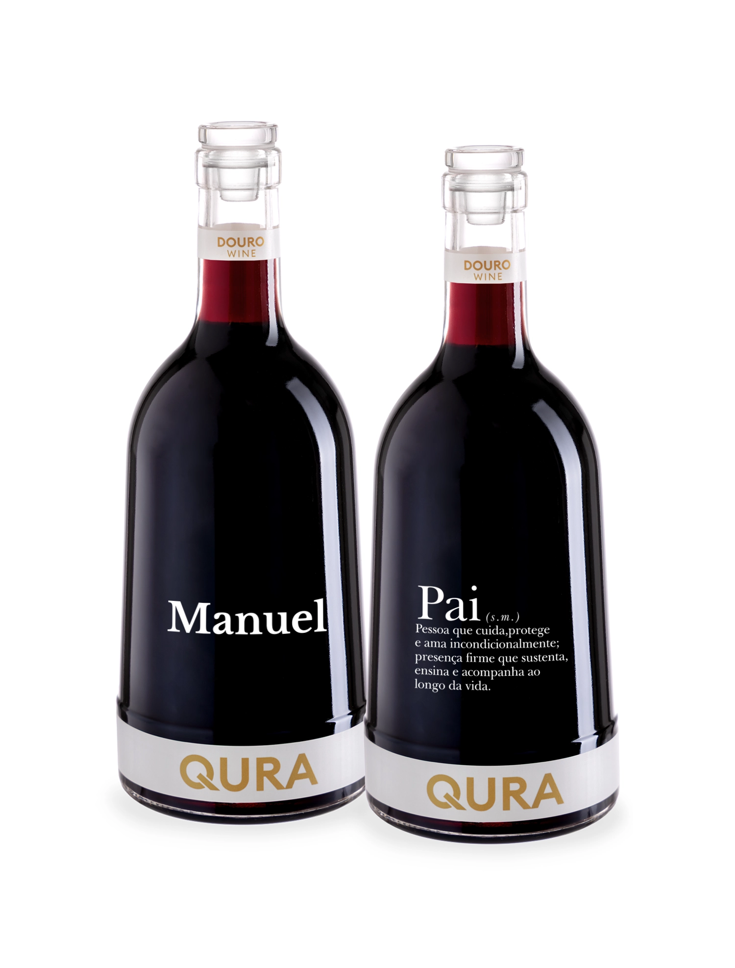Duas garrafas de vinho tinto do Douro personalizadas para o Dia do Pai com design elegante