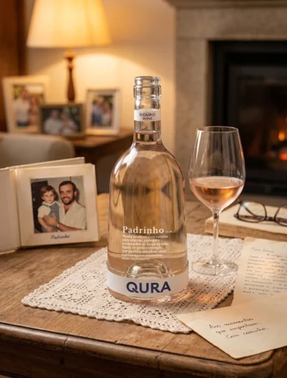 Garrafão de vinho rosé da região do Douro com copo e elementos de recordação em ambiente acolhedor