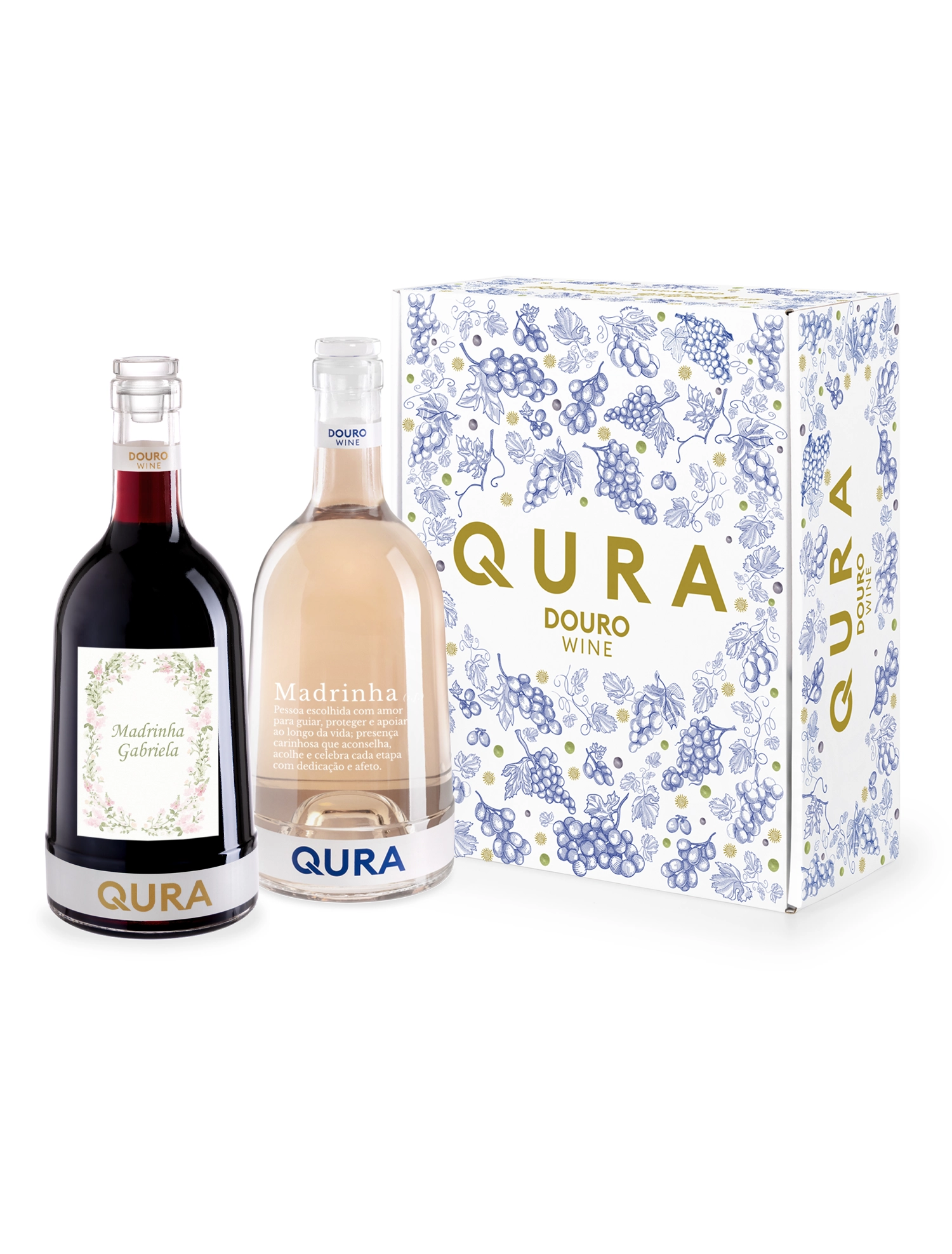 Conjunto de vinhos QURA Madrinha, tinto e rosé, com embalagem decorativa e mensagens especiais