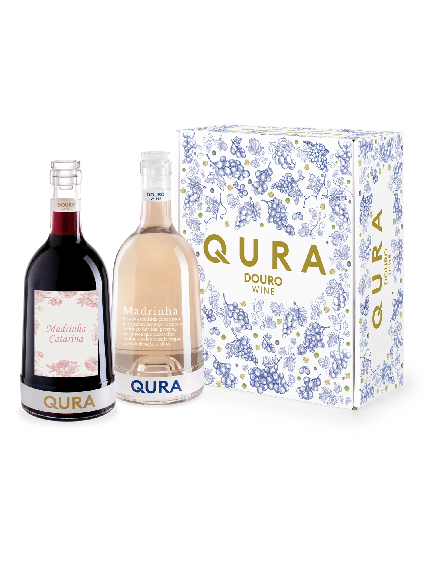 Conjunto de vinhos Qura, tinto e rosé, apresentado numa elegante embalagem decorativa