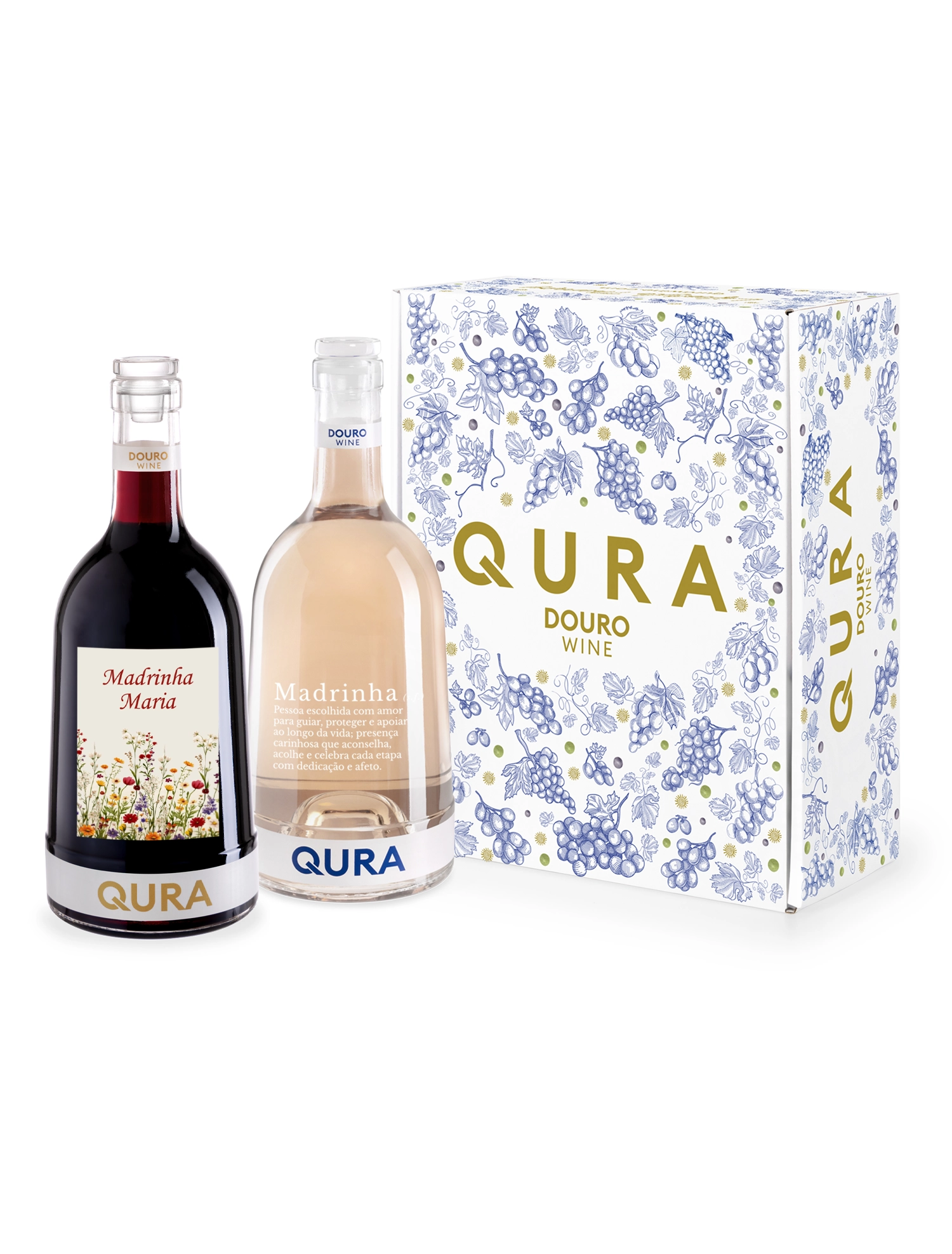 Conjunto de dois vinhos Qura numa elegante embalagem, ideal para oferecer à madrinha