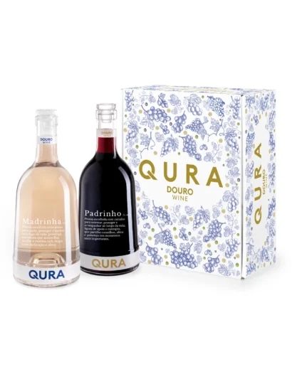 Conjunto de vinhos Qura, uma rosé e um tinto, acompanhado de elegante embalagem floral