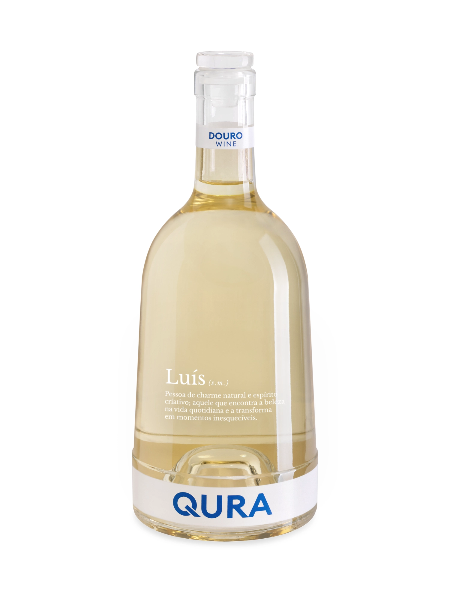 Garrafa de vinho branco do Douro, com rótulo a descrever personalidade encantadora e criativa