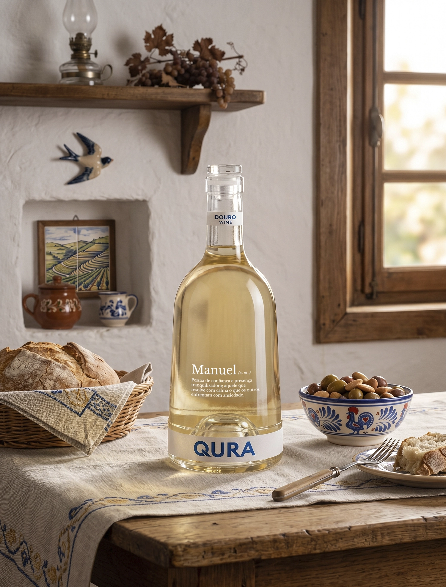 Garrafa de vinho QURA com o nome Manuel, acompanhada de pão e azeitonas numa mesa rústica