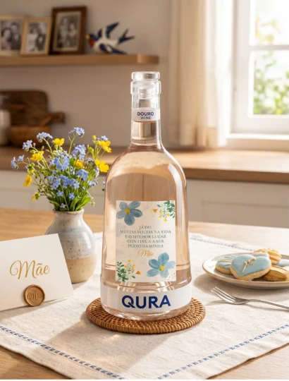 Garrafa de vinho rosé Qura com mensagem especial para o Dia da Mãe, decorada com flores