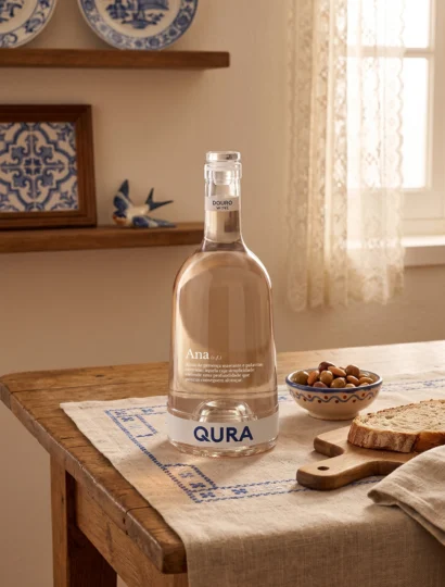 Garrafa de vinho QURA sobre mesa rústica com pão e frutos secos, ambiente acolhedor e luminoso