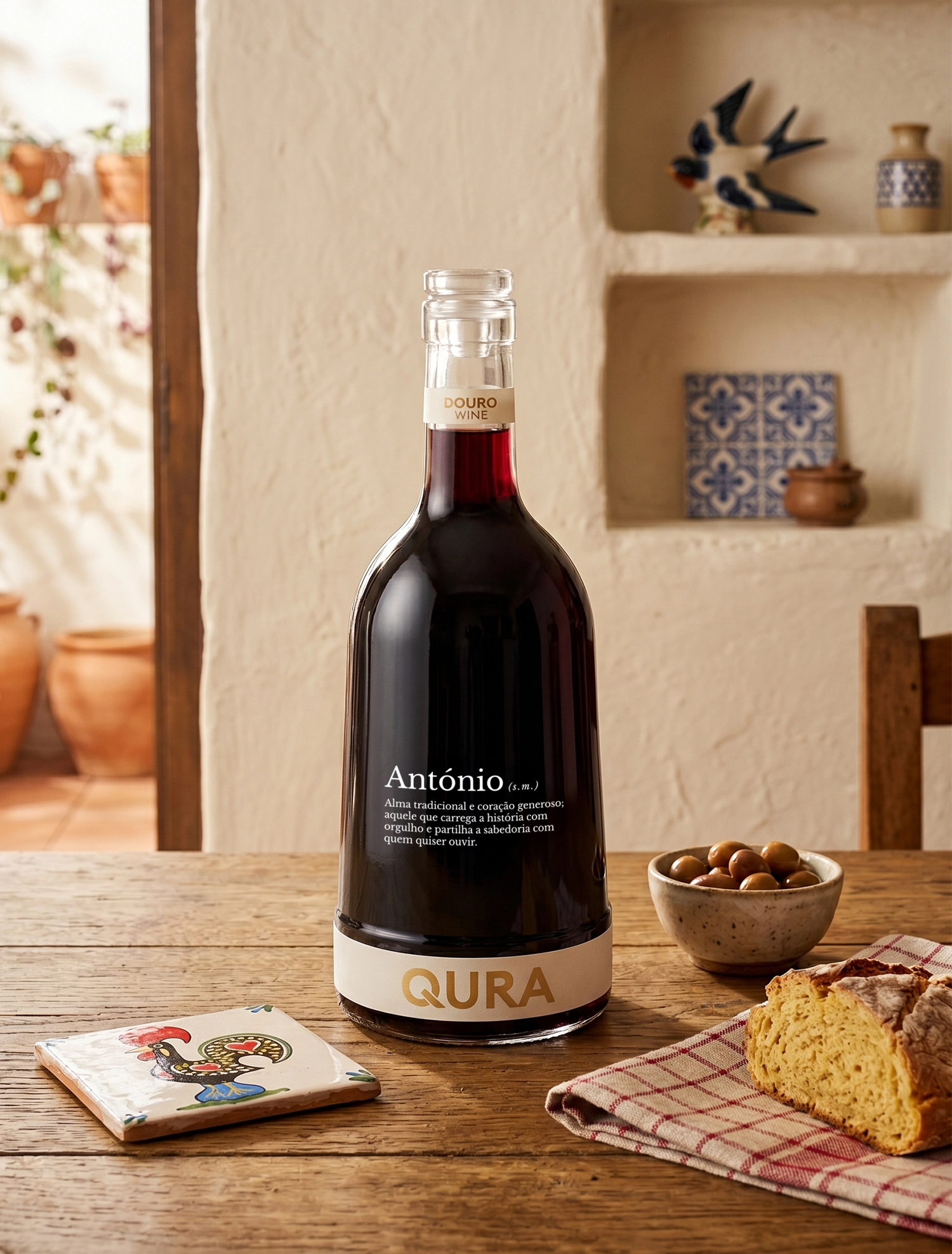 Garrafa de vinho tinto QURA com rótulo que destaca o nome António, decoração rústica e mesa de madeira