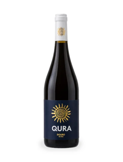 Garafa de vinho tinto QURA RED, Douro, com rótulo azul e símbolo solar em destaque