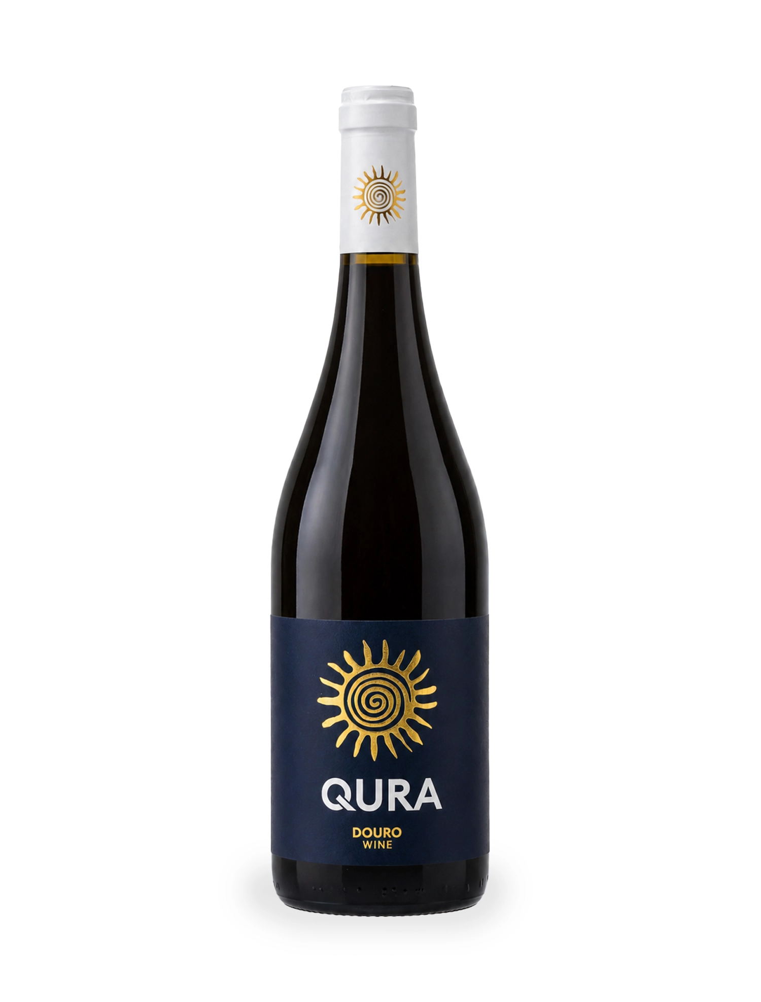 Garafa de vinho tinto QURA RED, Douro, com rótulo azul e símbolo solar em destaque