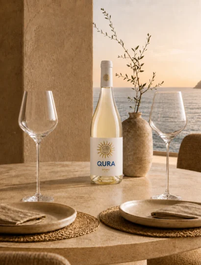 Garrafas de vinho QURA WHITE em mesa rústica com copos e decoração minimalista à beira-mar