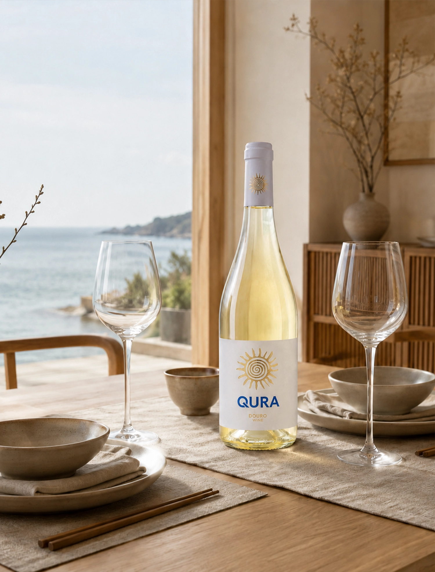 Pack de 3 garrafas de vinho branco Qura com vista para o mar em mesa decorada