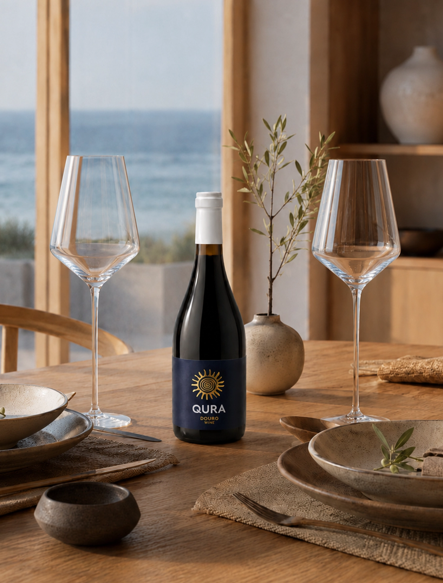 Garrafas de vinho HALF QURA RED em mesa decorada com copos e utensílios de madeira e cerâmica