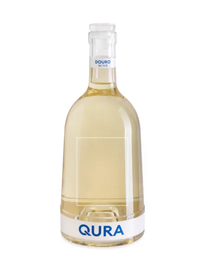Garrafa de vinho branco QURA com rótulo personalizado e aparência elegante