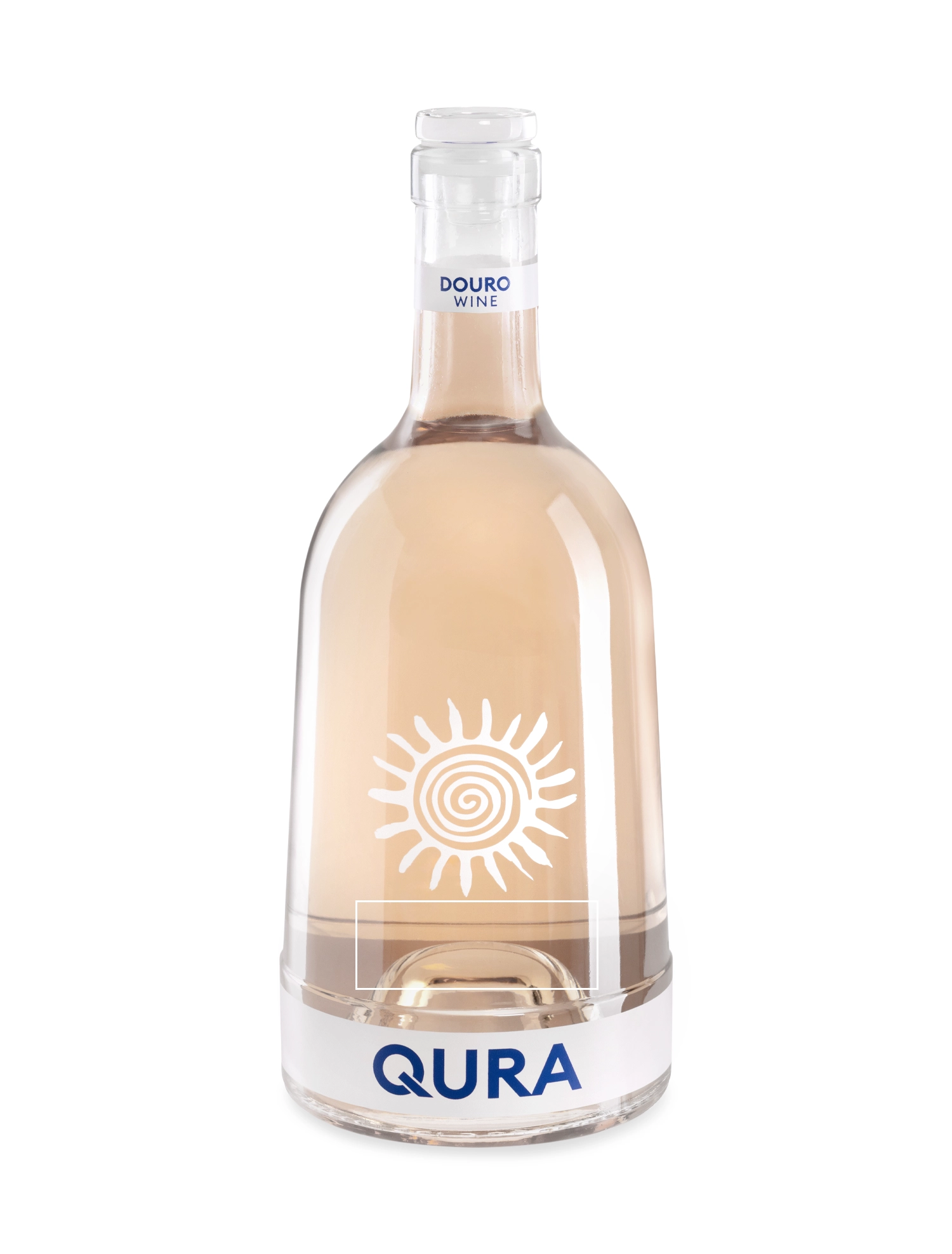 Garrafão de vinho rosé Qura, design elegante com sol estilizado e rótulo azul claro