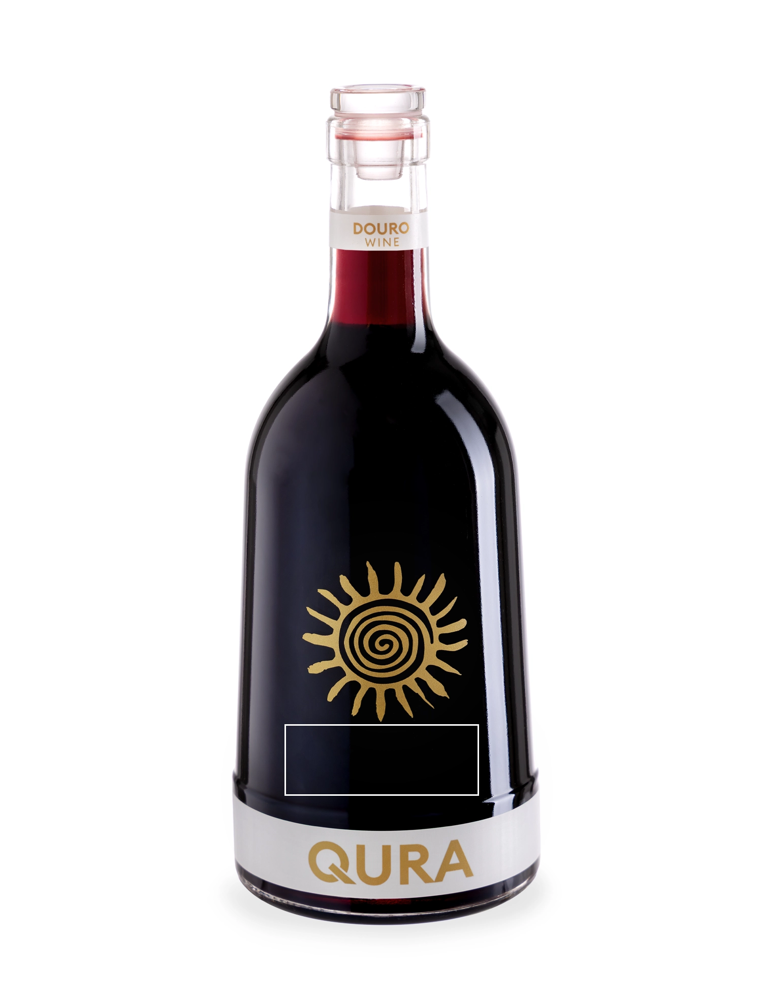 Garrafa de vinho tinto Qura Red personalizada com design elegante e rótulo dourado